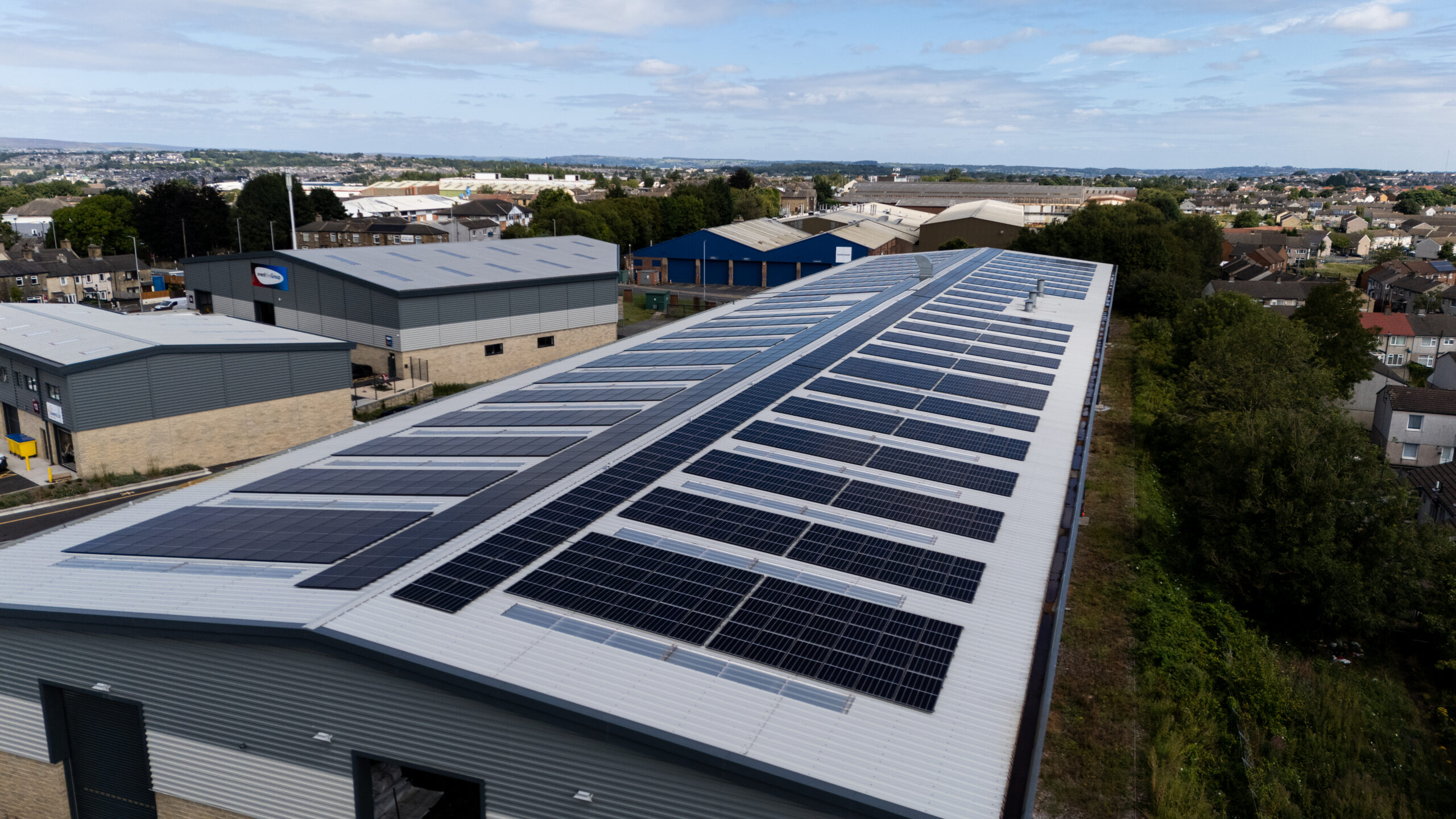 Commercial solar panels on the roof of a commercial building